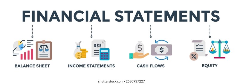 Demonstrações financeiras ícone web do vetor ilustração conceito com ícone de gráfico, balanço patrimonial, gráfico circular, demonstrativos de resultados, dinheiro, calculadora, renda, ganhos, fluxo de caixa, patrimônio líquido e saldo 
