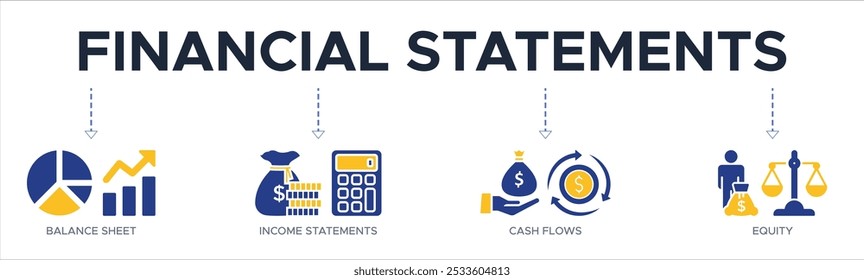 Demonstrações financeiras ícone web do vetor ilustração conceito com ícone de gráfico, balanço patrimonial, gráfico circular, demonstrativos de resultados, dinheiro, calculadora, renda, ganhos, fluxo de caixa, patrimônio líquido e saldo