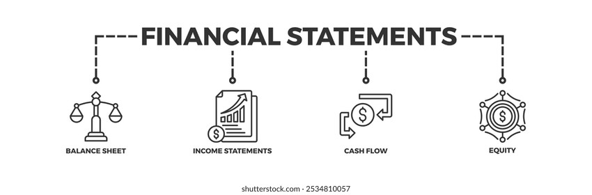 Financial statements banner web icon vector illustration concept with icon of graph, balance sheet, pie chart, income statements, money, calculator, income, earning, cash flow, equity, and balance