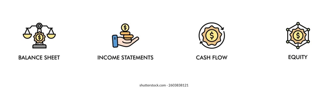 Financial statements banner web icon vector illustration concept with icon of graph, balance sheet, pie chart, income statements, money, calculator, income, earning, cash flow, equity, and balance