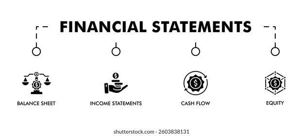 Financial statements banner web icon vector illustration concept with icon of graph, balance sheet, pie chart, income statements, money, calculator, income, earning, cash flow, equity, and balance