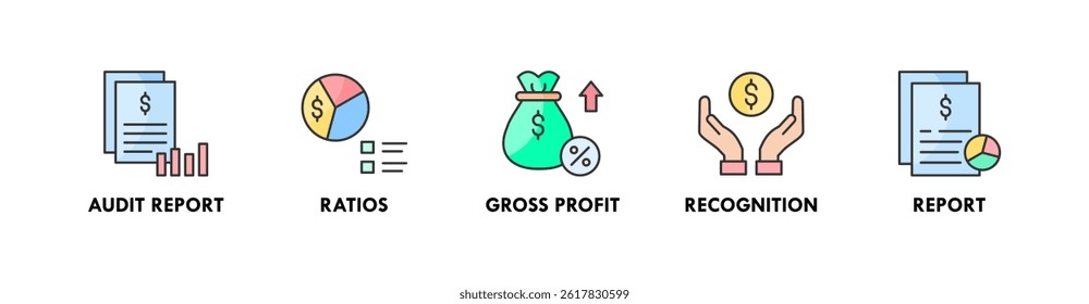 Ícone ilustrativo da Web do banner do Demonstrativo Financeiro com ícone do relatório de auditoria, taxas, lucro bruto, reconhecimento e relatório