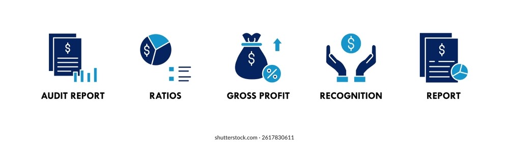 Ícone ilustrativo da Web do banner do Demonstrativo Financeiro com ícone do relatório de auditoria, taxas, lucro bruto, reconhecimento e relatório