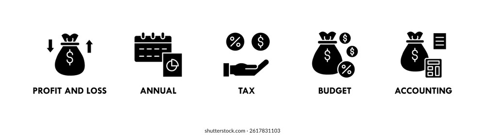 Ícone ilustrativo da Web do banner de Demonstrativos Financeiros com ícone de lucros e perdas, anual, imposto, orçamento e contabilidade