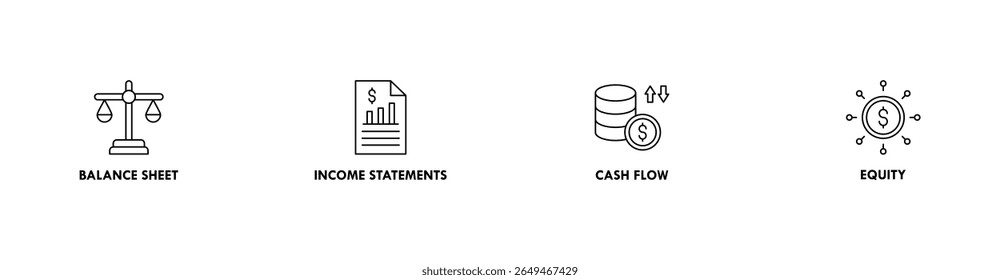 Financial statements banner web icon vector illustration concept with icon of graph, balance sheet, pie chart, income statements, money, calculator, income, earning, cash flow, equity, and balance