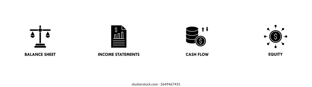 Financial statements banner web icon vector illustration concept with icon of graph, balance sheet, pie chart, income statements, money, calculator, income, earning, cash flow, equity, and balance
