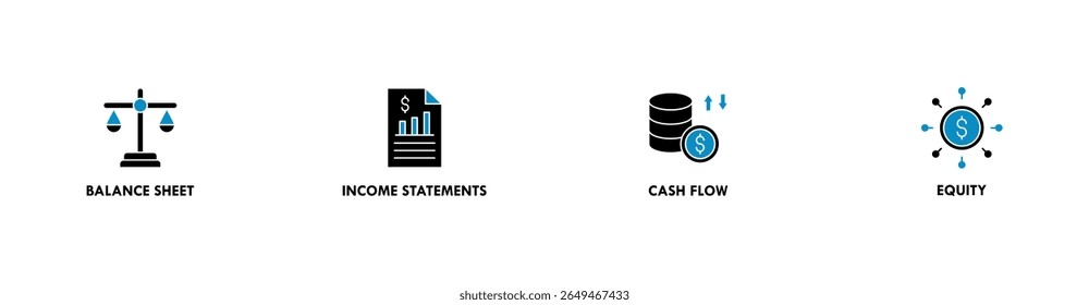 Financial statements banner web icon vector illustration concept with icon of graph, balance sheet, pie chart, income statements, money, calculator, income, earning, cash flow, equity, and balance