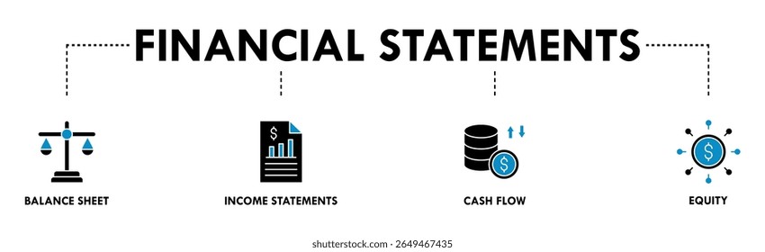 Financial statements banner web icon vector illustration concept with icon of graph, balance sheet, pie chart, income statements, money, calculator, income, earning, cash flow, equity, and balance
