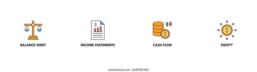 Financial statements banner web icon vector illustration concept with icon of graph, balance sheet, pie chart, income statements, money, calculator, income, earning, cash flow, equity, and balance
