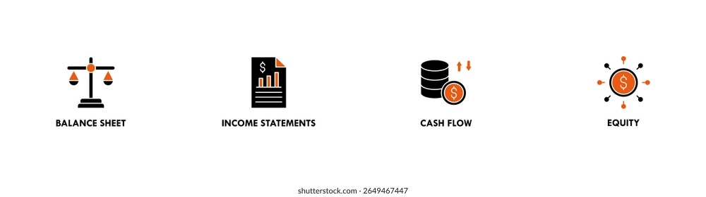 Financial statements banner web icon vector illustration concept with icon of graph, balance sheet, pie chart, income statements, money, calculator, income, earning, cash flow, equity, and balance