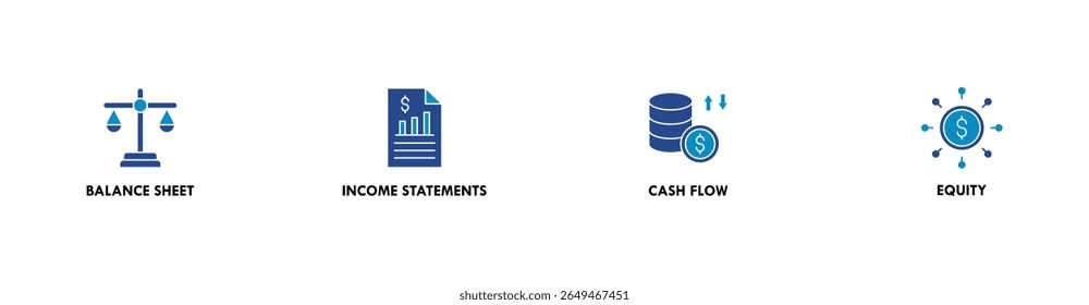 Financial statements banner web icon vector illustration concept with icon of graph, balance sheet, pie chart, income statements, money, calculator, income, earning, cash flow, equity, and balance