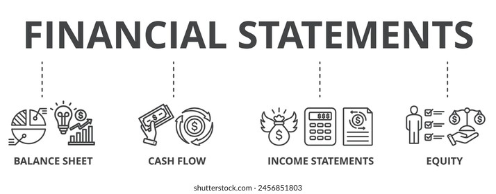 Financial statements concept icon illustration contain balance sheet, cash flow, income statements and equity.