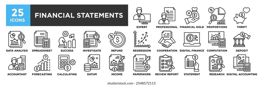 Conjunto de coleta de ícone Demonstrativos Financeiros. Contendo projeto Especialista em computação, Profissional de impostos, Retenção financeira, Proporções, Desconto