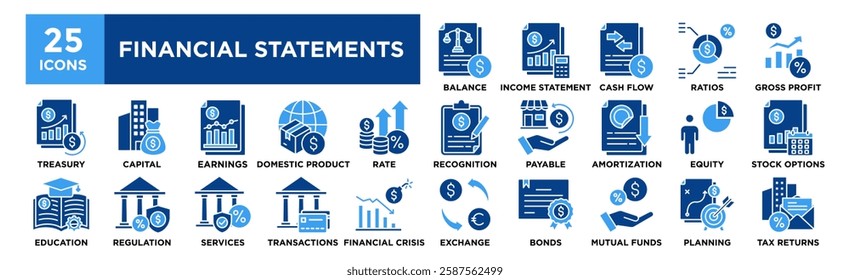 Financial Statements icon collection set. Containing design Income Statement, Balance Sheet, Cash Flow Statement, Financial Ratios, Gross Profit	