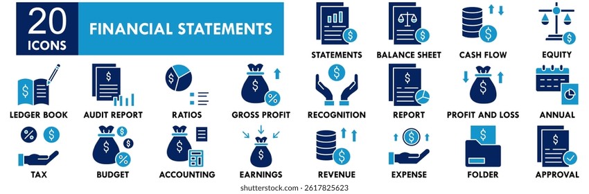 Conjunto de coleta de ícone Demonstrativos Financeiros. Contendo negócios de design, financeiro, relatório, análise, contabilidade