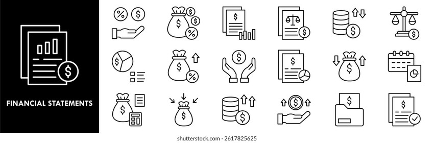 Conjunto de coleta de ícone Demonstrativos Financeiros. Contendo negócios de design, financeiro, relatório, análise, contabilidade
