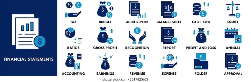 Conjunto de coleta de ícone Demonstrativos Financeiros. Contendo negócios de design, financeiro, relatório, análise, contabilidade