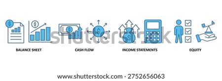 Financial statements icon set illustration contain balance sheet, cash flow, income statements and equity.
