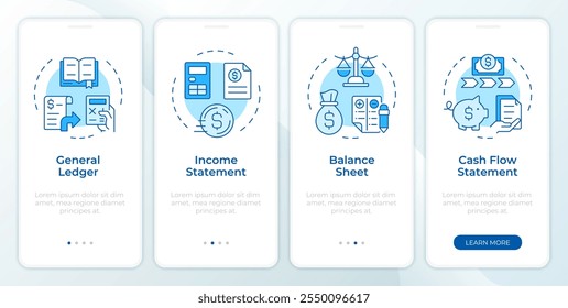 Gestión de estados financieros pantalla azul del App móvil de incorporación. Instrucciones gráficas editables de 4 pasos con conceptos lineales. UI, UX, Plantilla GUI. Montserrat SemiBold, Fuentes regulares utilizadas