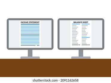 Financial statements on computer screen. Analyze income statement and balance sheet. Flat illustration.