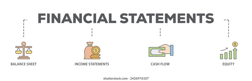 Financial statements web banner icon vector illustration concept consists of graph, balance sheet, pie chart, income statements, money, calculator, income, earningicon live stroke and easy to edit