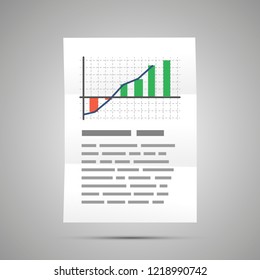 Financial statistic with colorful chart, A4 size document icon with shadow on gray