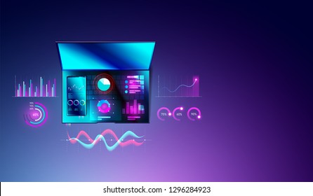 Financial statistics analysis concept on smartphone and laptop with diagrams or graph, data analysis and business planning chart on top views of computer. Vector