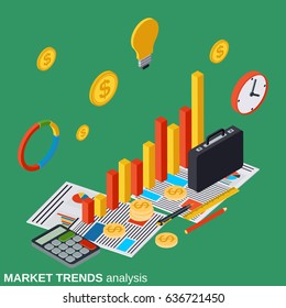 Financial statistics, business report, modern infographic, trends analysis flat isometric vector concept illustration