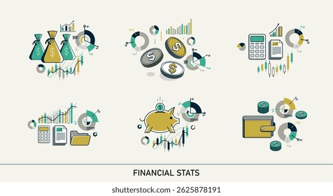 Estatísticas financeiras ilustração detalhada pacote vetorial, estatísticas financeiras abstratas negócio e conjunto monetário, análise de bolsa de valores.