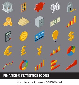 Financial statistics flat isometric vector icons