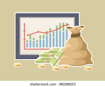 Estadísticas financieras con gráfico y saco de ilustraciones de vectores de dinero