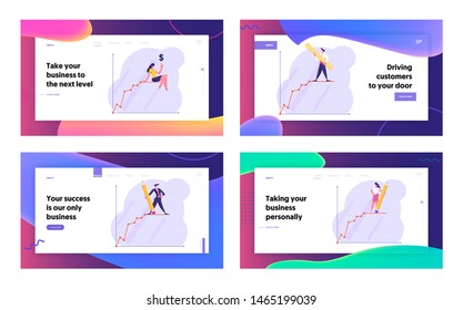 Financial Statistics Growth Graph Website Landing Page Set, Businessman on Top of Growing Business Chart on Coordinate System, Project Presentation, Web Page. Cartoon Flat Vector Illustration, Banner