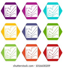 Financial statistics icon set many color hexahedron isolated on white vector illustration