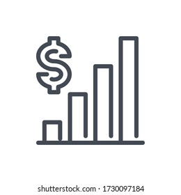 Icono de línea de estadísticas financieras. Signo de contorno vectorial del gráfico de crecimiento del dólar.