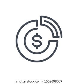 Financial statistics line icon. Pie chart with dollar vector outline sign.