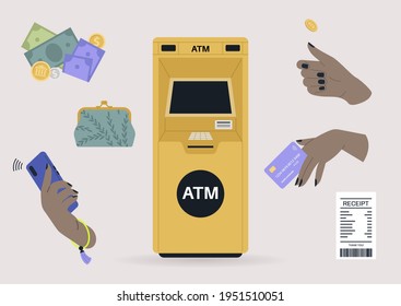 A financial sticker pack with an ATM machine, paper banknotes, coins, credit cards, and wallets