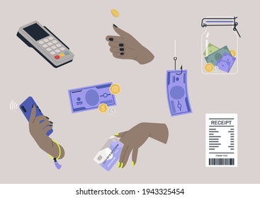 A financial sticker pack, a collection of flat vector images, cash and cashless money transactions, a paper receipt and a pos terminal