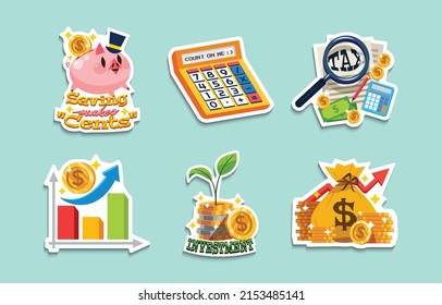 Financial sticker pack with funny cartoon abstract characters, affirmations and inspirational quotes about money, finance, business, investment. Vector illustrations in trendy cartoon weird style.
