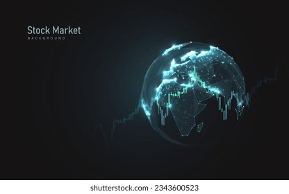 Financial, Stock, Graph, chart with globe background. Low polygonal and wireframe from dots and lines. Vector illustration