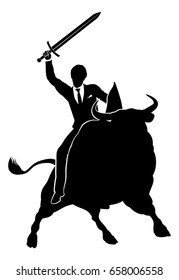 A financial or stock market business conceptual illustration of a businessman riding a bull knight holding a sword and shield