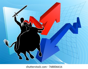 A financial or stock market business conceptual illustration of a businessman riding a bull knight holding a sword and shield