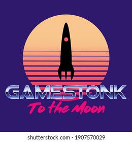 Financial stock meme vector art. Retro wave illustration of chrome text and striped sun with moon rocket silhouette. Image represents a financial stock war between hedge funds and internet forum.