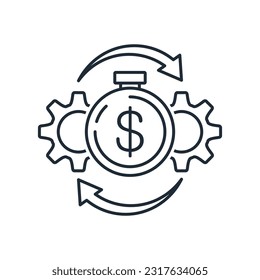 Financial stopwatch and moving process. Financial efficiency, optimization.Vector linear icon isolated on white background.