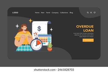 Financial Strain concept. Woman facing overdue loan stress with calendar and ticking time. Urgency, deadline and debt anxiety. Flat vector illustration