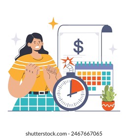 Financial Strain concept. Woman facing overdue loan stress with calendar and ticking time. Urgency, deadline and debt anxiety. Flat vector illustration