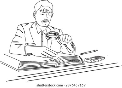 Financial Strain Illustration: Frustrated Man Reviewing Bills and Debts with Calculator in Hand, Illustration of Financial Distress: Worried Man Examining Bills and Debts Amidst Calculations