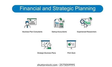 Financial and Strategic Planning. Icons included: Pitch Deck, Business Plan Consultants, Startup Accountants, Experienced Researchers, Strategic Business Plans.