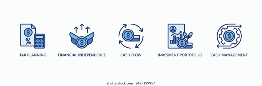 Anuncio De Estrategia Financiera Icono De Web Concepto De Ilustración vectorial Con Icono De Planificación Fiscal, Independencia Financiera, Flujo De Caja, Cartera De Inversiones, Gestión De Efectivo