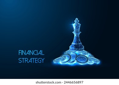 Financial strategy, business management, leadership futuristic concept in glowing low polygonal style on dark blue background. Economic empowerment. Modern abstract connect design vector illustration