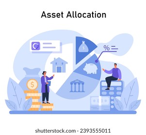 Financial Strategy concept. Strategic distribution of assets for growth, showcasing banking, savings, and investment dynamics. Flat vector illustration